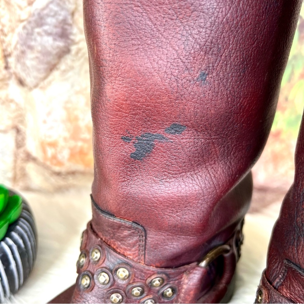 FRYE Heath Disc Harness Distressed Cognac Leather Boots, Beautiful Patina, 6B - Picture 10 of 16